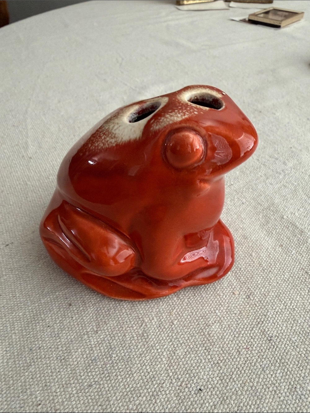 Vintage MCM Orange Ceramic Frog Figurine Toothbrush Caddy